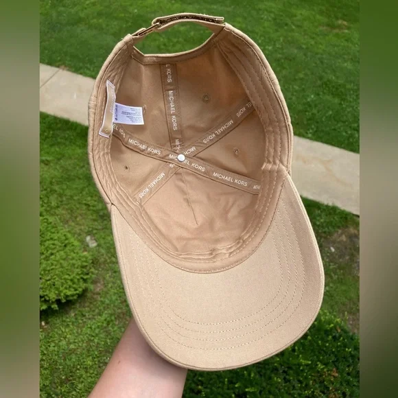 Michael Kors Tan Cream Neutral Color MK Baseball Cap Casual Hat Velcro Strap - Picture 6 of 9